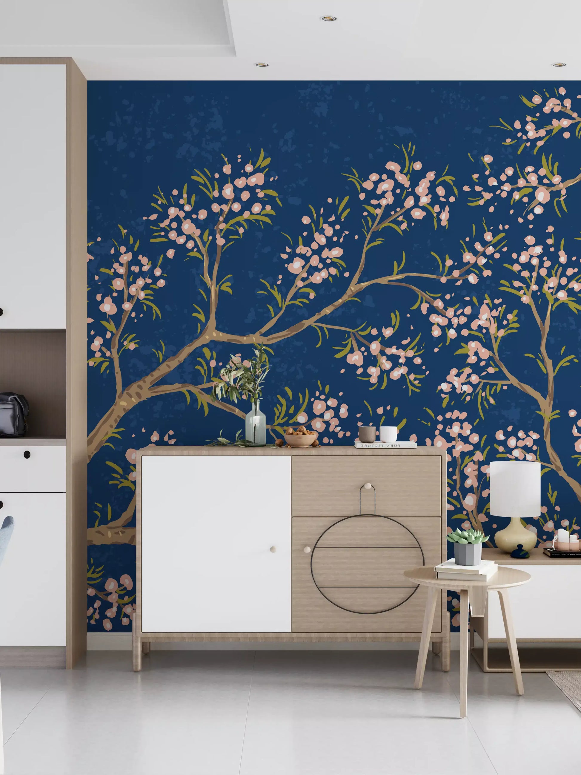 Pink Blossoms - Blue Background Wall Mural