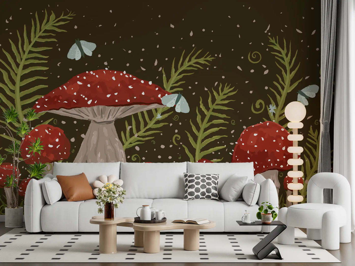 Whispers of Amanita - Red Mushrooms, Ferns, and Moths Wall Mural