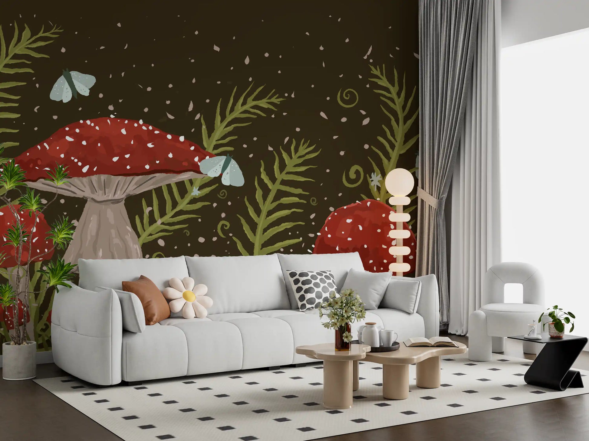 Whispers of Amanita - Red Mushrooms, Ferns, and Moths Wall Mural