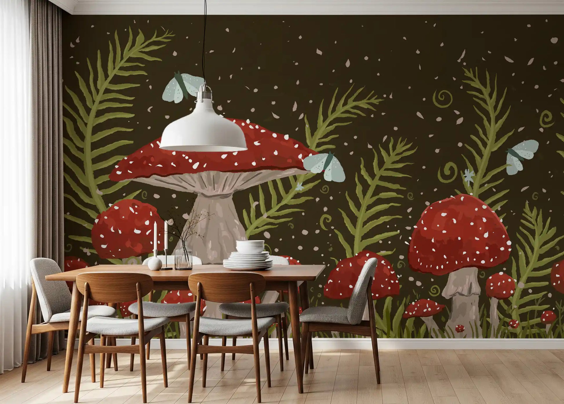 Whispers of Amanita - Red Mushrooms, Ferns, and Moths Wall Mural
