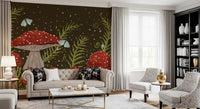 Whispers of Amanita - Red Mushrooms, Ferns, and Moths Wall Mural