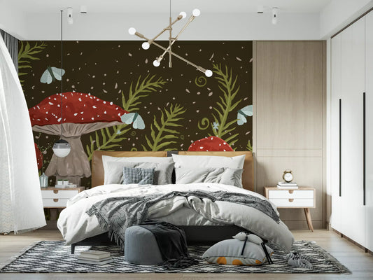 Red amanita mushrooms with white-spotted caps among green ferns wall mural in bedroom GD11511