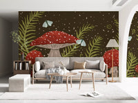 Whispers of Amanita - Red Mushrooms, Ferns, and Moths Wall Mural