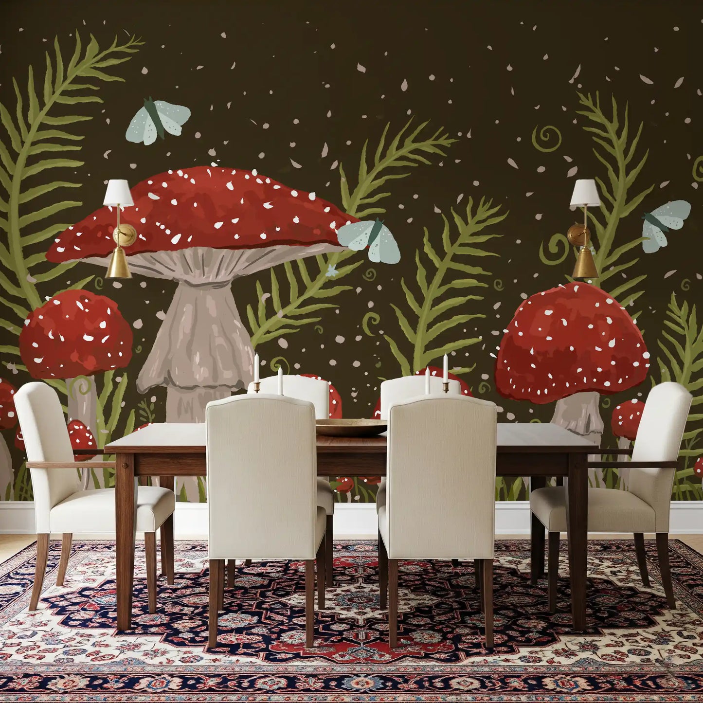 Whispers of Amanita - Red Mushrooms, Ferns, and Moths Wall Mural