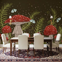 Whispers of Amanita - Red Mushrooms, Ferns, and Moths Wall Mural