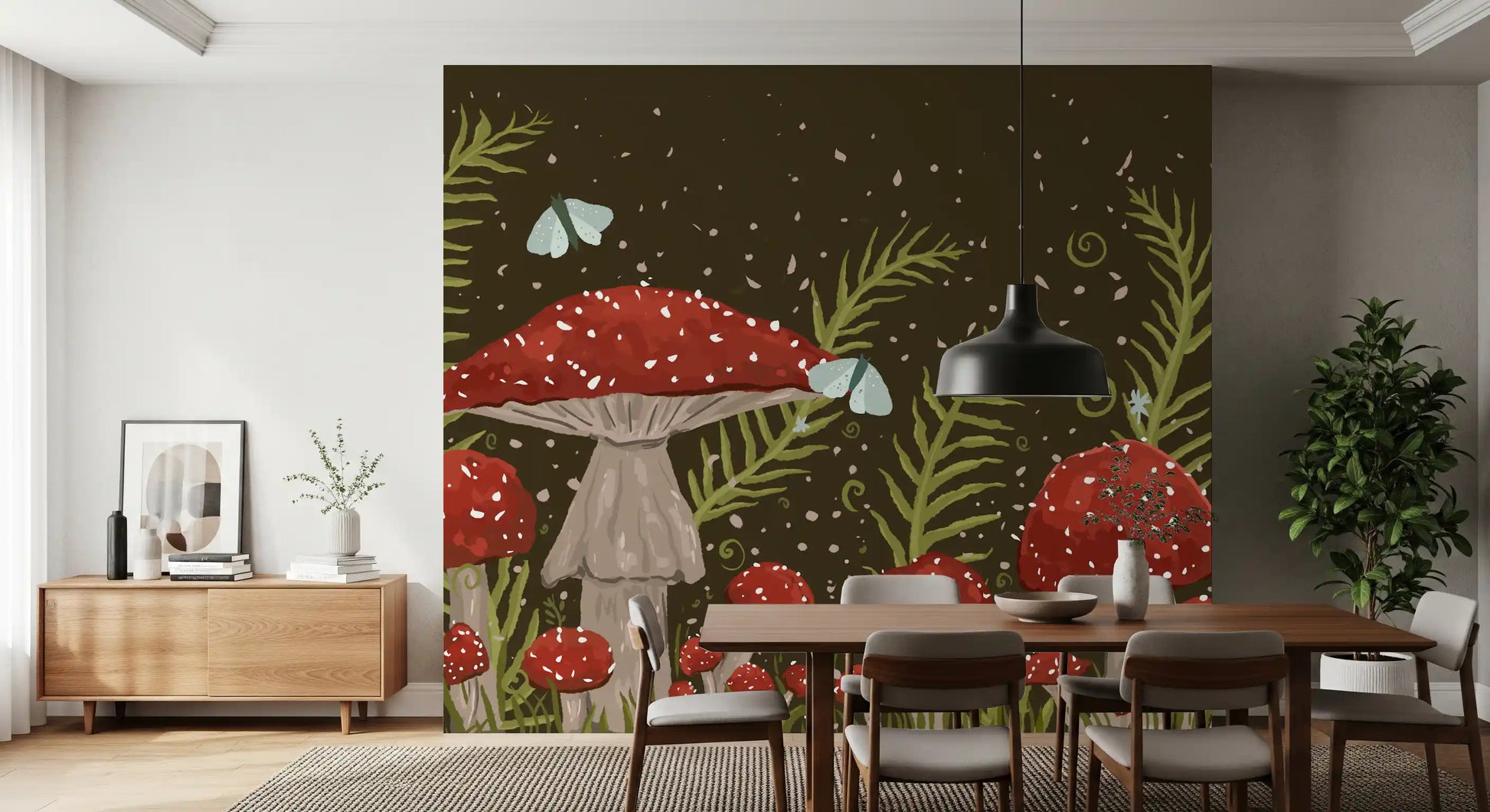 Whispers of Amanita - Red Mushrooms, Ferns, and Moths Wall Mural