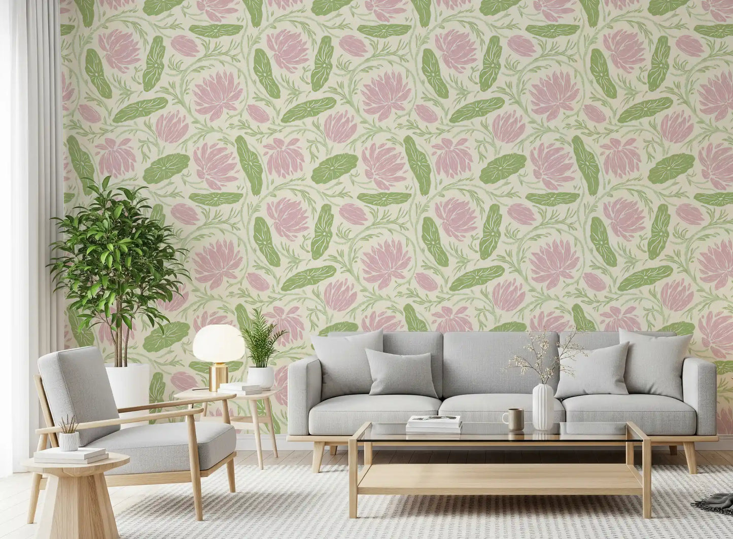 Lotus - Botanical Trailing Water Lily Floral Block Print-  Pink and Green Wallpaper⁠