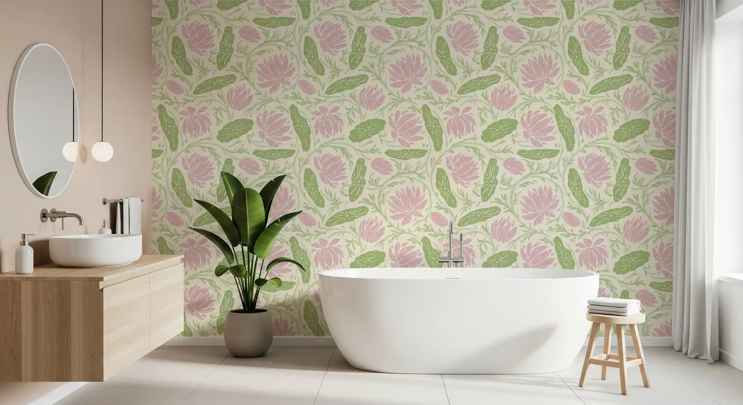 Lotus - Botanical Trailing Water Lily Floral Block Print-  Pink and Green Wallpaper⁠