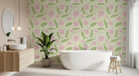 Lotus - Botanical Trailing Water Lily Floral Block Print-  Pink and Green Wallpaper⁠