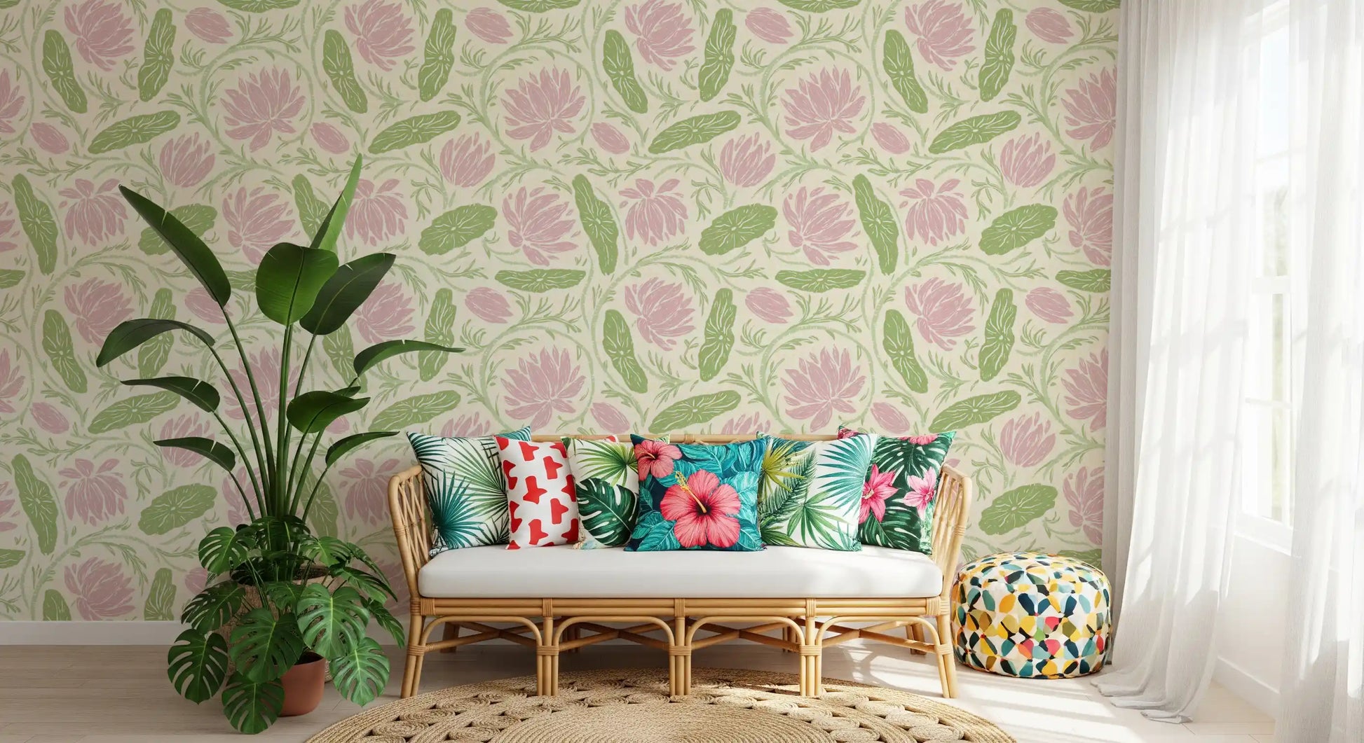 Lotus - Botanical Trailing Water Lily Floral Block Print-  Pink and Green Wallpaper⁠