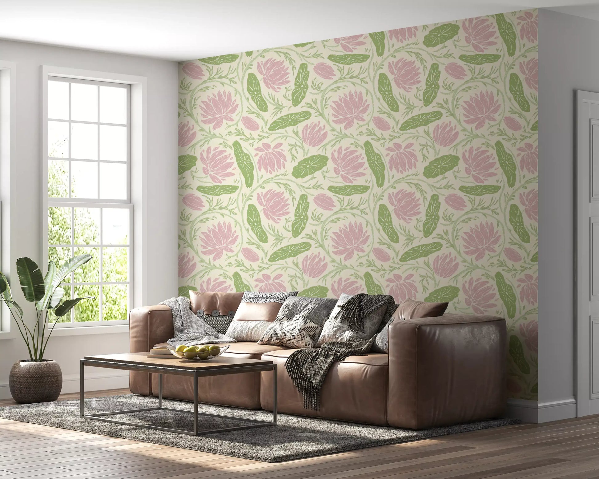 Lotus - Botanical Trailing Water Lily Floral Block Print-  Pink and Green Wallpaper⁠