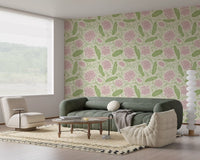 Lotus - Botanical Trailing Water Lily Floral Block Print-  Pink and Green Wallpaper⁠
