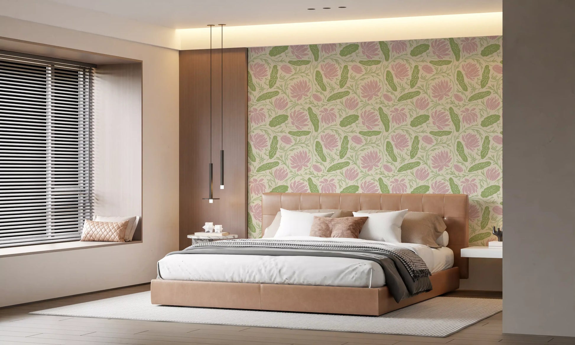 Lotus - Botanical Trailing Water Lily Floral Block Print-  Pink and Green Wallpaper⁠