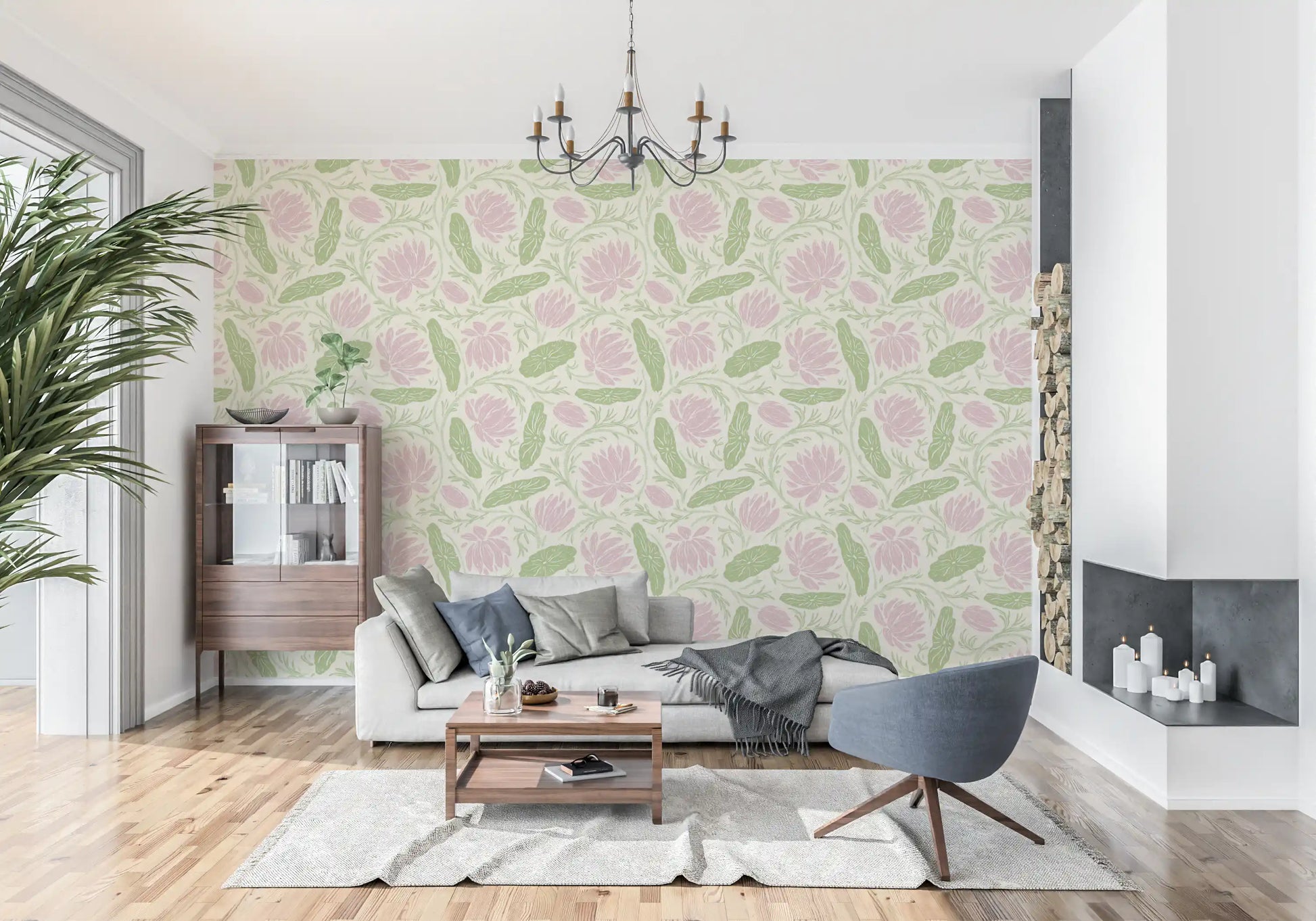 Lotus - Botanical Trailing Water Lily Floral Block Print-  Pink and Green Wallpaper⁠