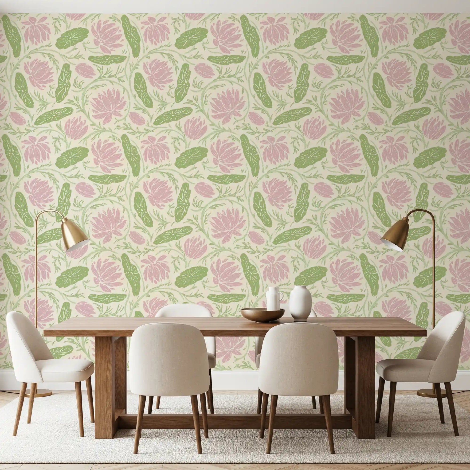 Lotus - Botanical Trailing Water Lily Floral Block Print-  Pink and Green Wallpaper⁠