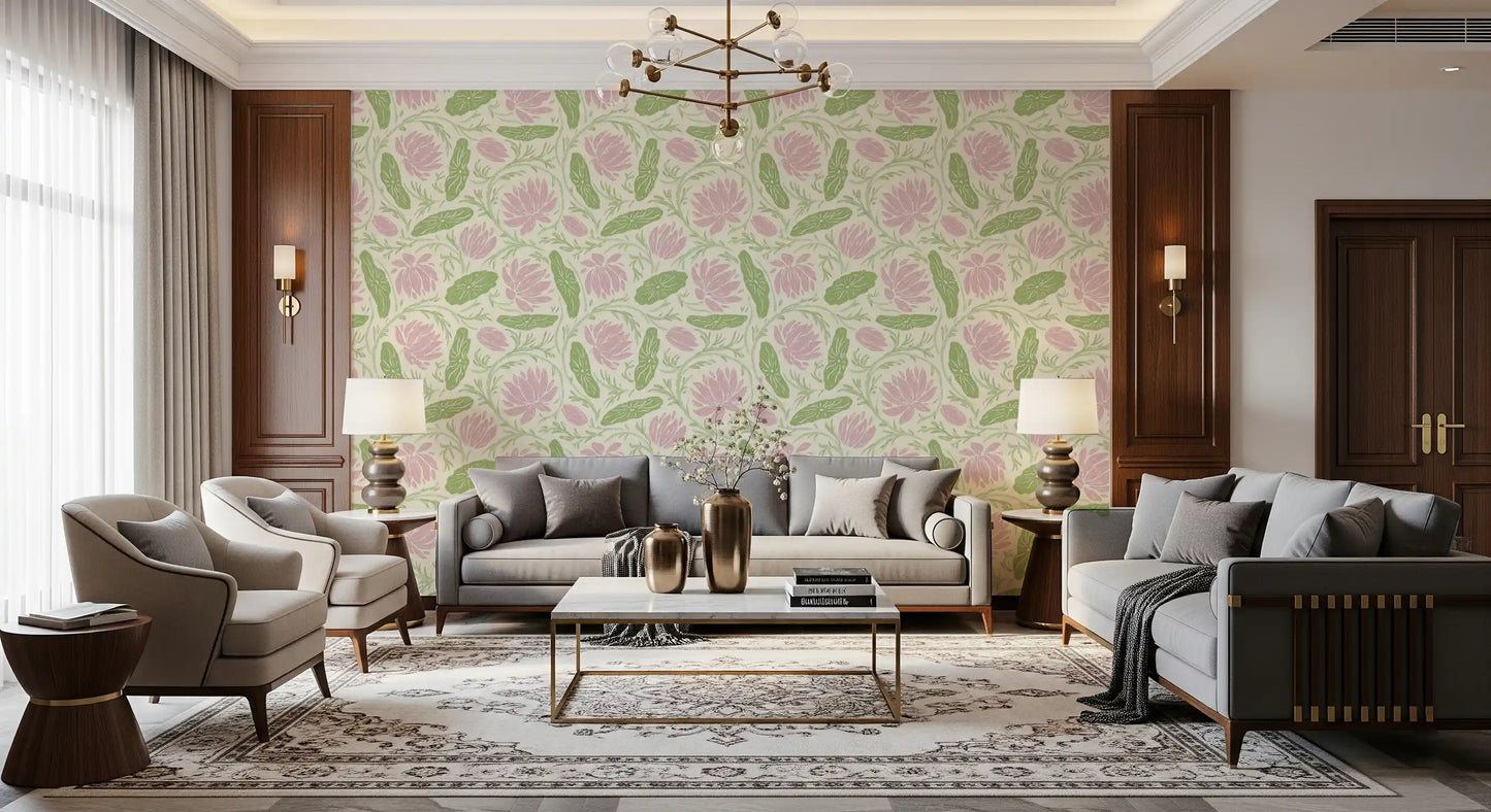 Lotus - Botanical Trailing Water Lily Floral Block Print-  Pink and Green Wallpaper⁠