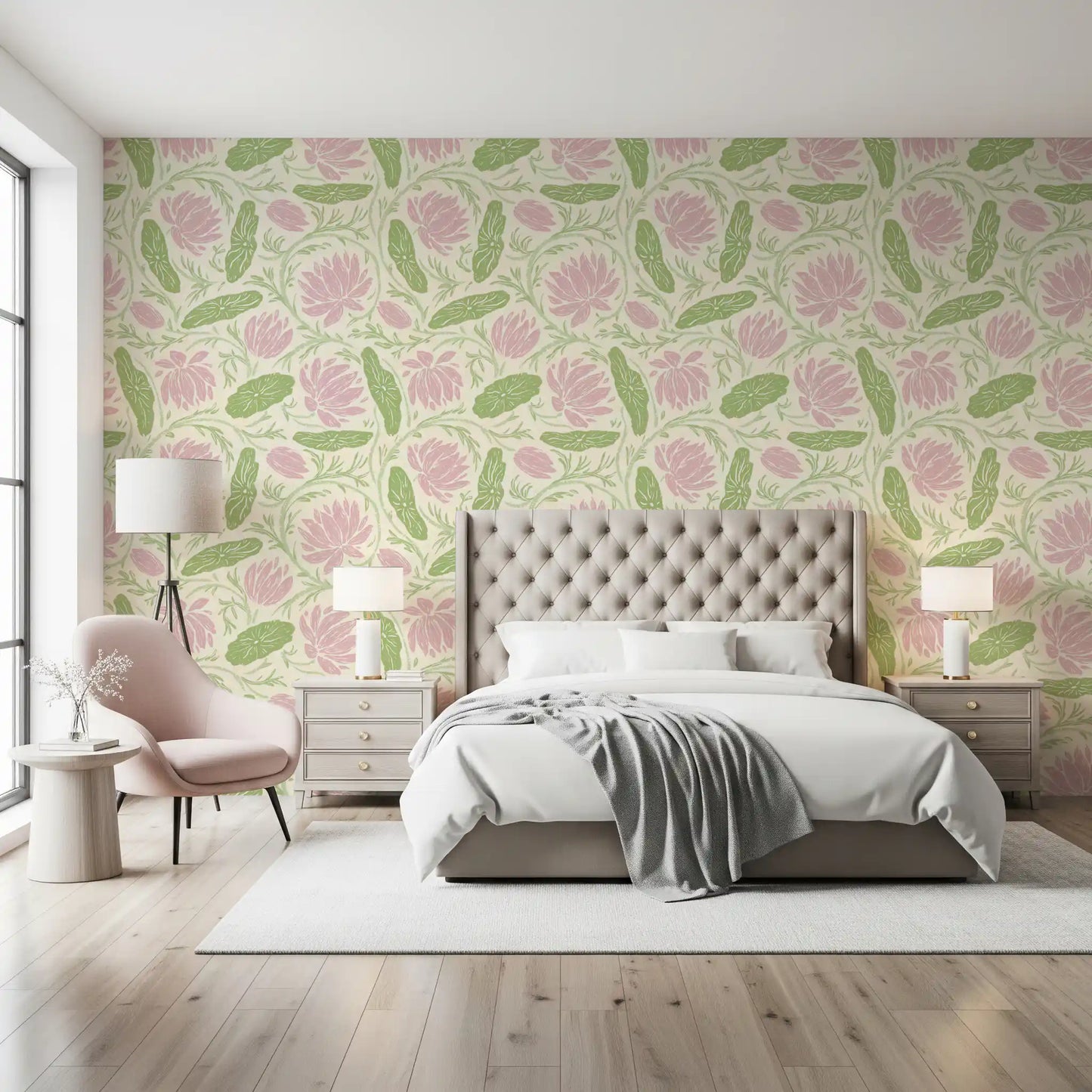 Lotus - Botanical Trailing Water Lily Floral Block Print-  Pink and Green Wallpaper⁠