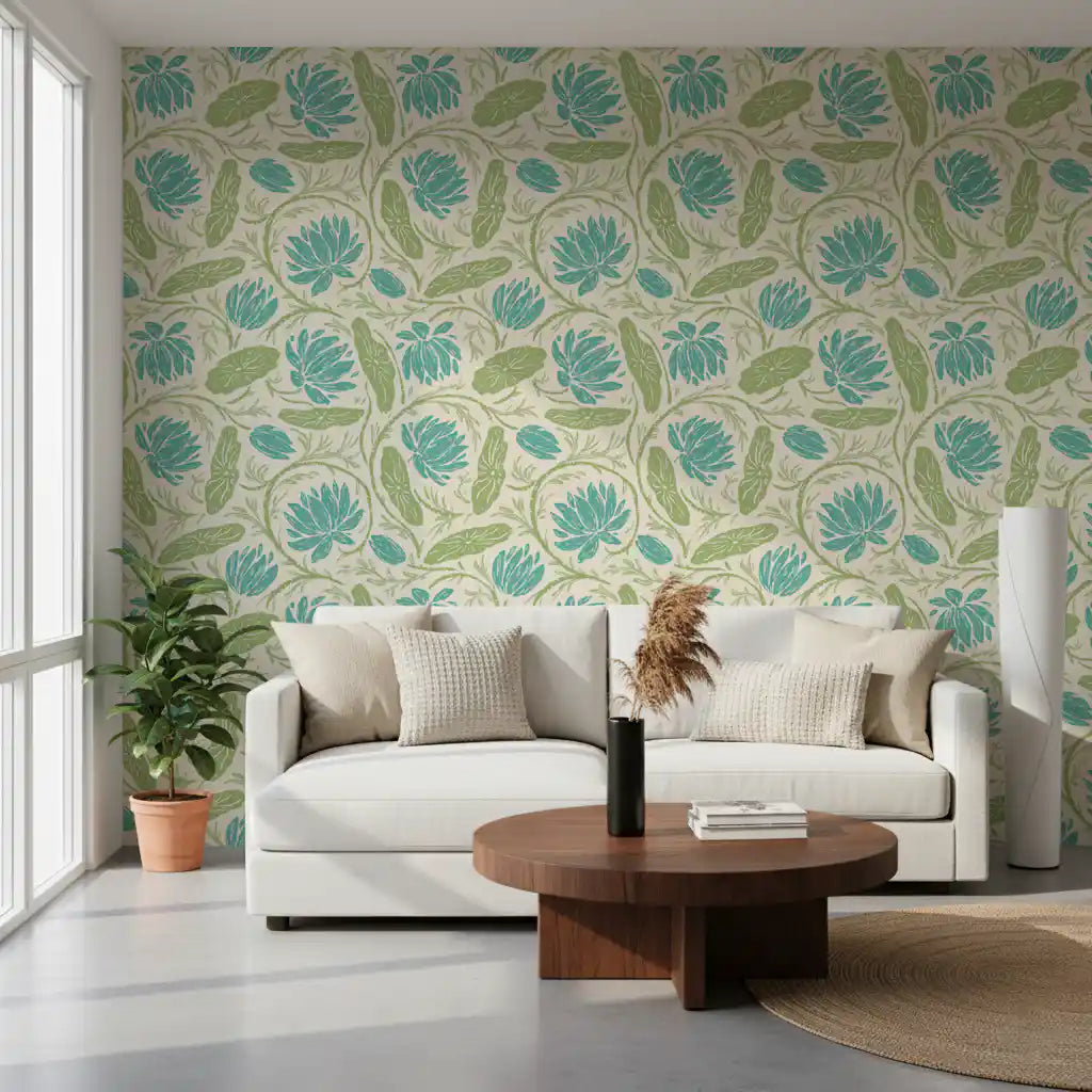 Lotus - Botanical Trailing Water Lily Floral Block Print-  Blue and Green Wallpaper⁠