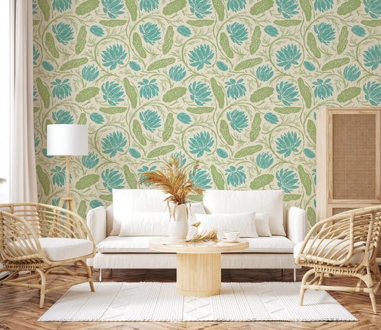 Lotus - Botanical Trailing Water Lily Floral Block Print-  Blue and Green Wallpaper⁠