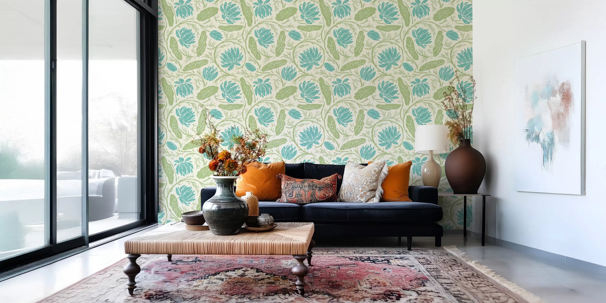 Lotus - Botanical Trailing Water Lily Floral Block Print-  Blue and Green Wallpaper⁠