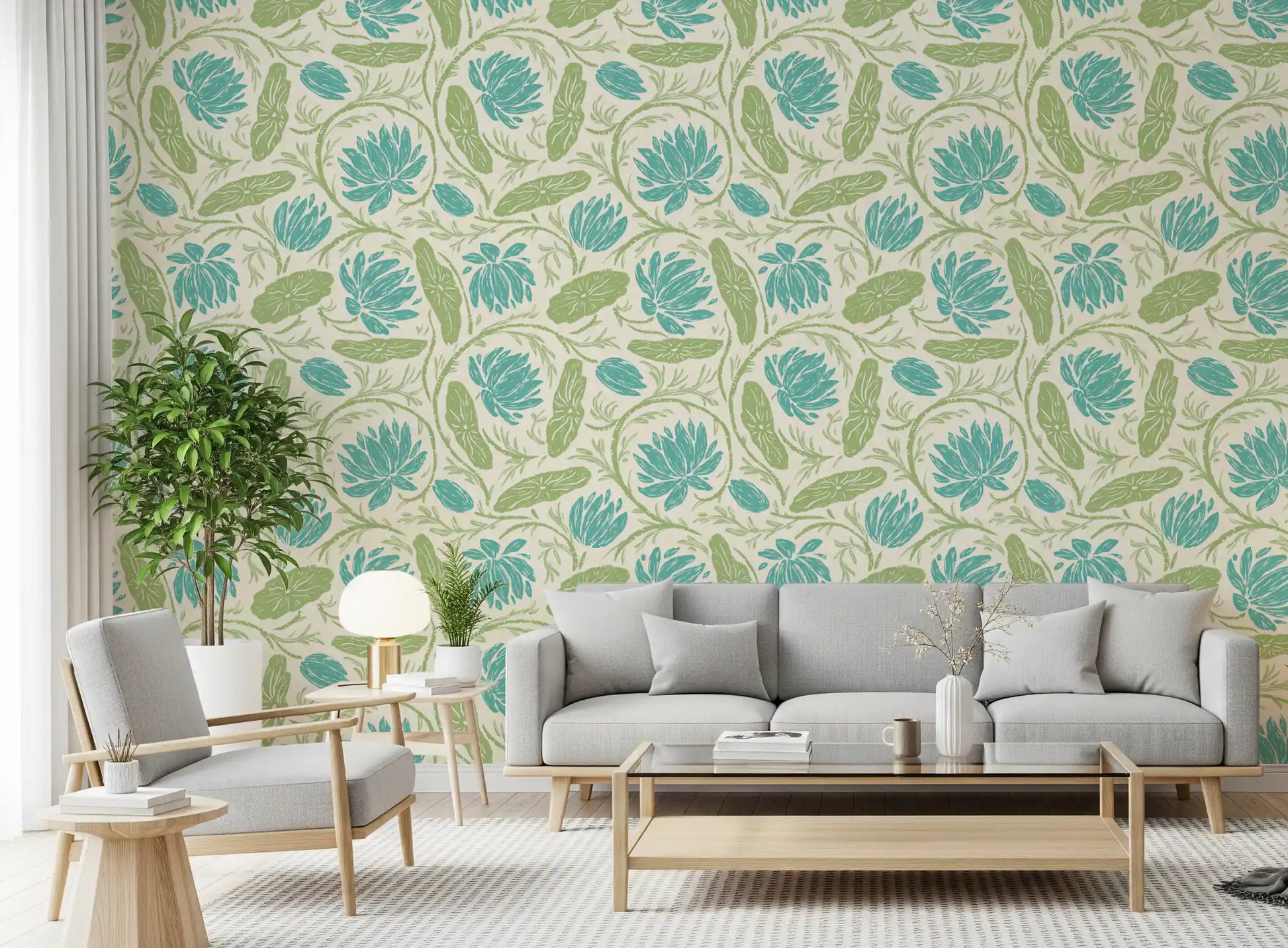 Lotus - Botanical Trailing Water Lily Floral Block Print-  Blue and Green Wallpaper⁠