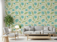 Lotus - Botanical Trailing Water Lily Floral Block Print-  Blue and Green Wallpaper⁠