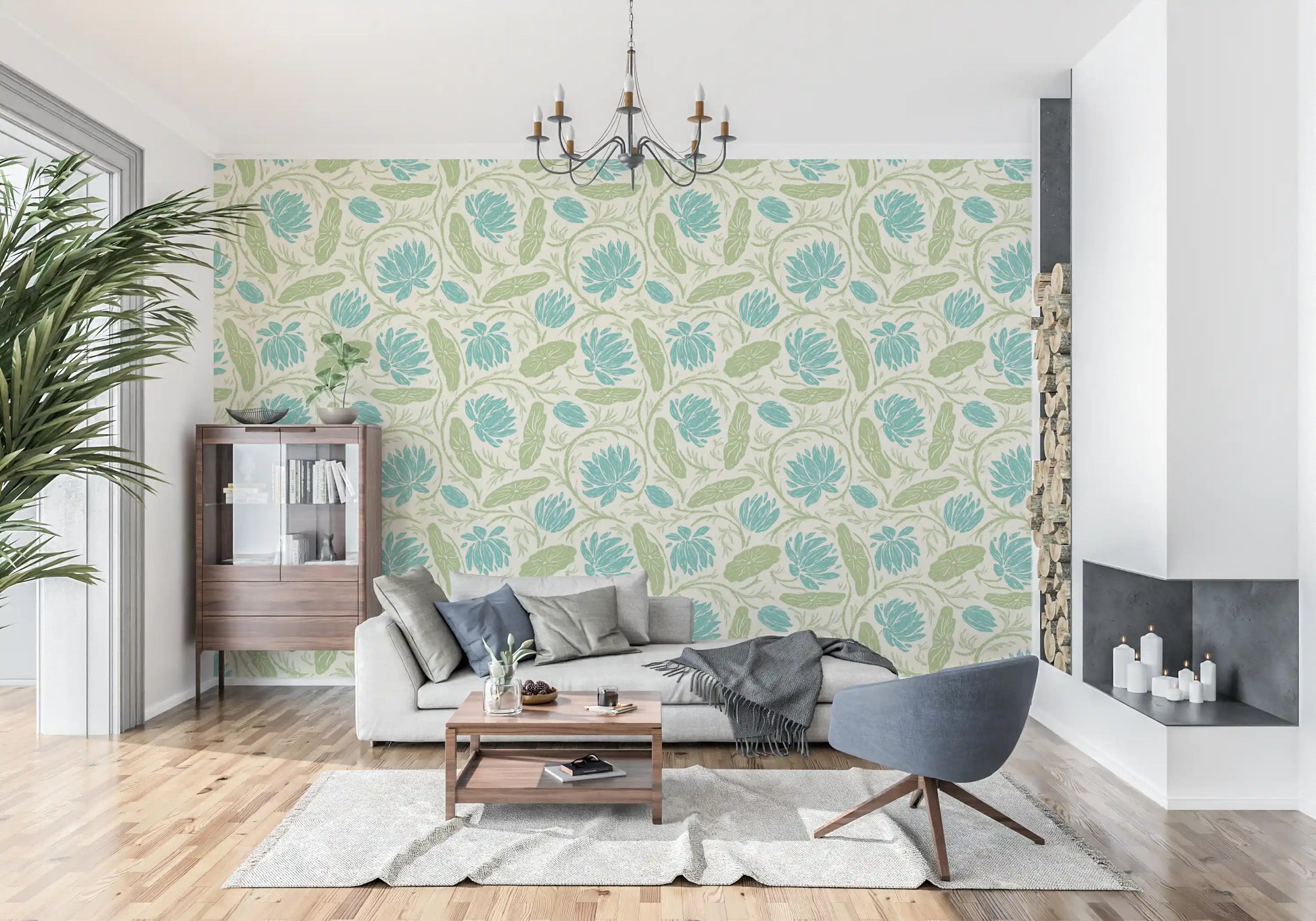 Lotus - Botanical Trailing Water Lily Floral Block Print-  Blue and Green Wallpaper⁠