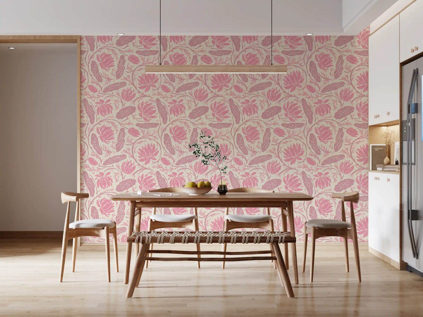Lotus - Botanical Trailing Water Lily Floral Block Print-  Monochromatic Pink Wallpaper⁠