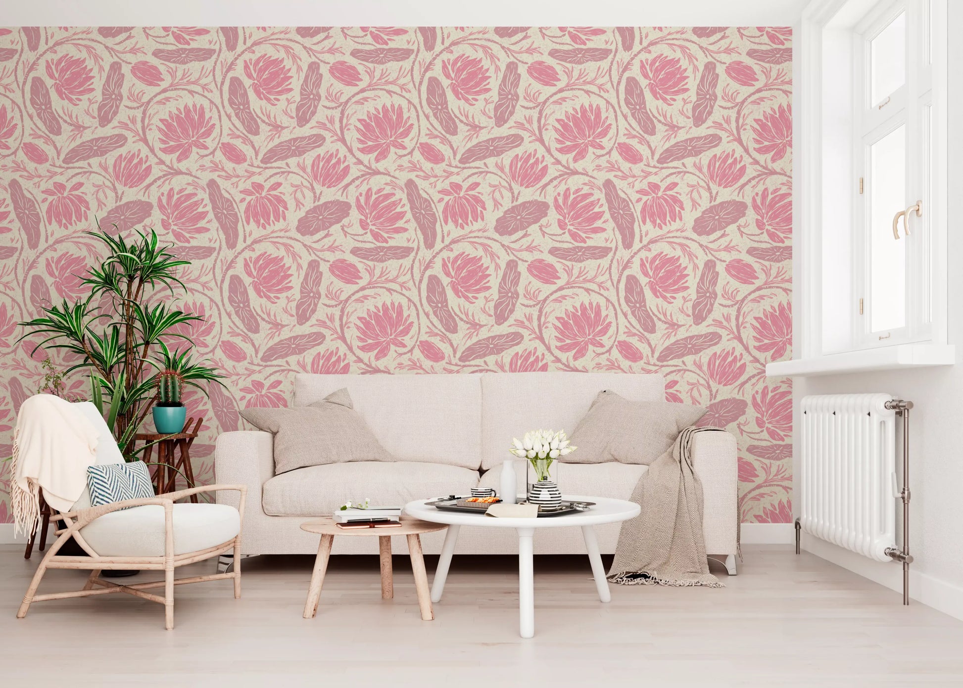 Lotus - Botanical Trailing Water Lily Floral Block Print-  Monochromatic Pink Wallpaper⁠