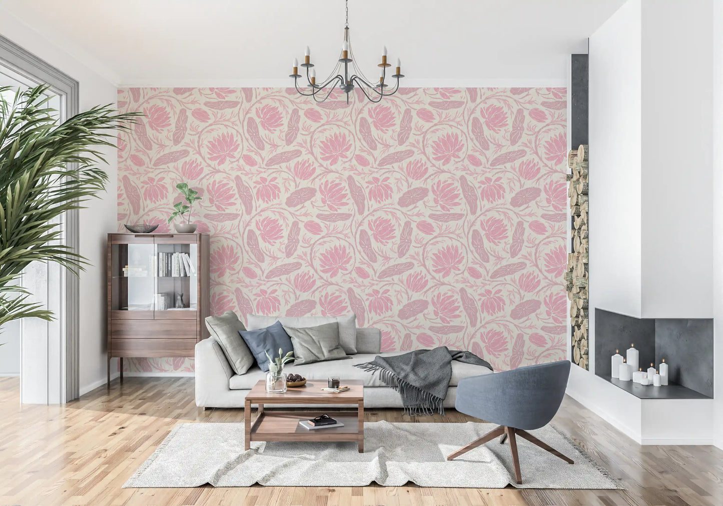 Lotus - Botanical Trailing Water Lily Floral Block Print-  Monochromatic Pink Wallpaper⁠