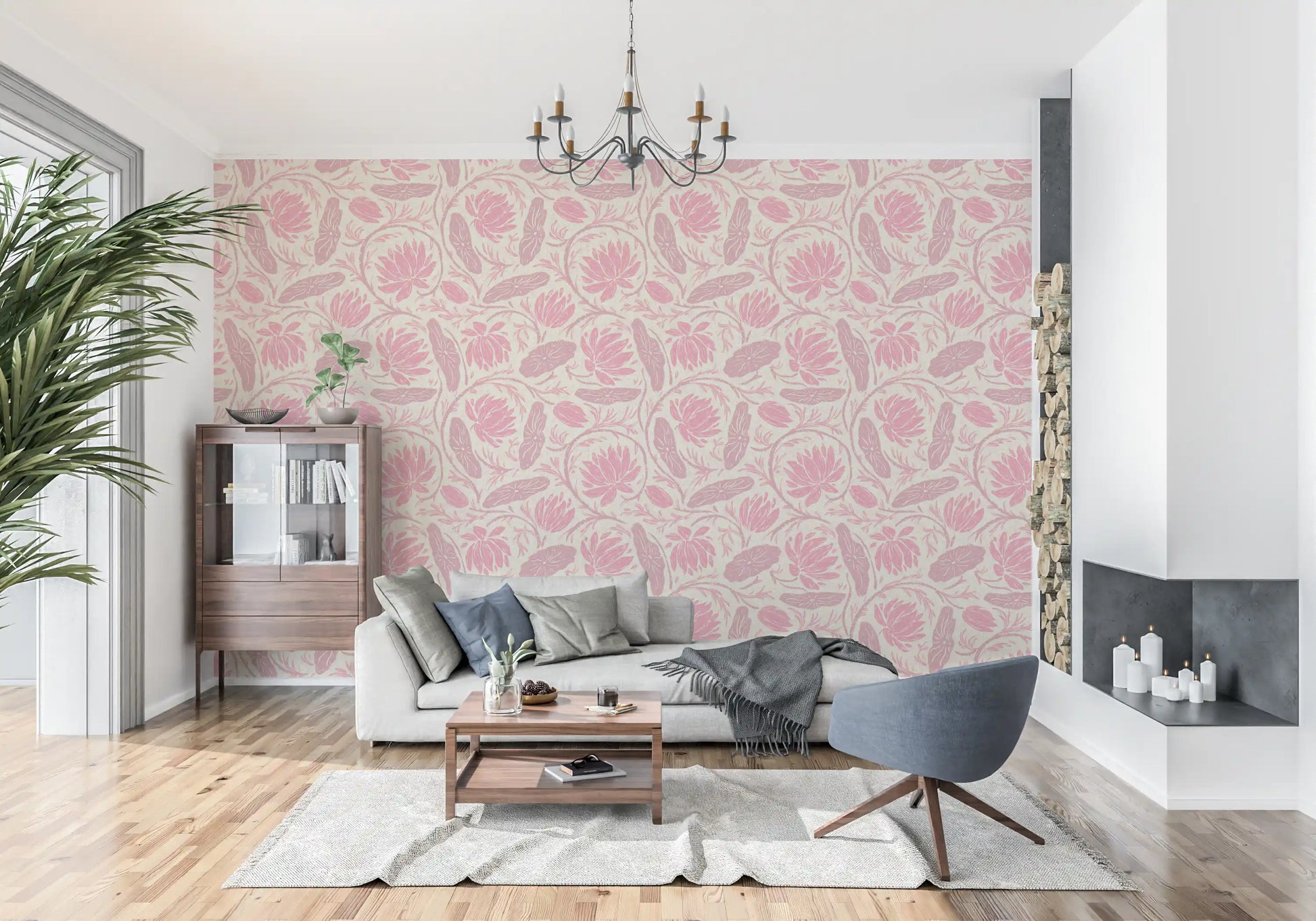 Lotus - Botanical Trailing Water Lily Floral Block Print-  Monochromatic Pink Wallpaper⁠