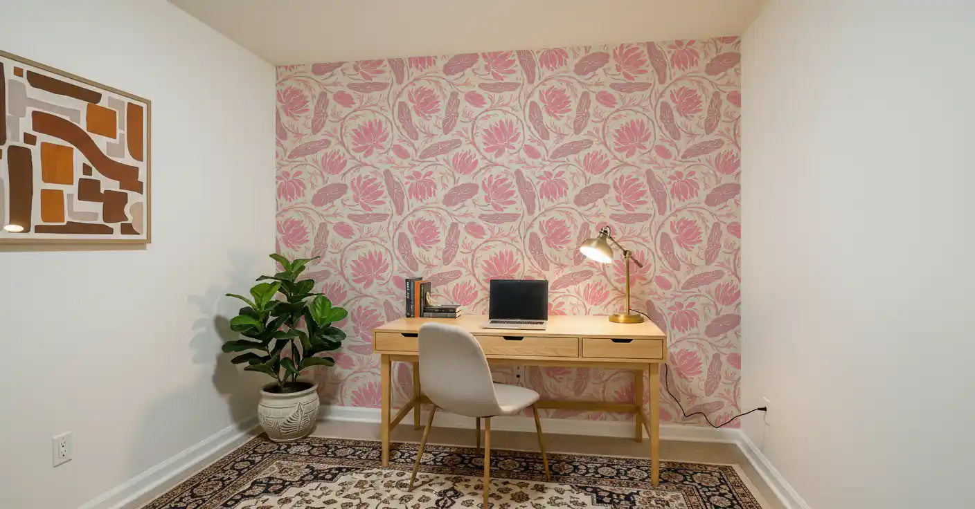 Lotus - Botanical Trailing Water Lily Floral Block Print-  Monochromatic Pink Wallpaper⁠