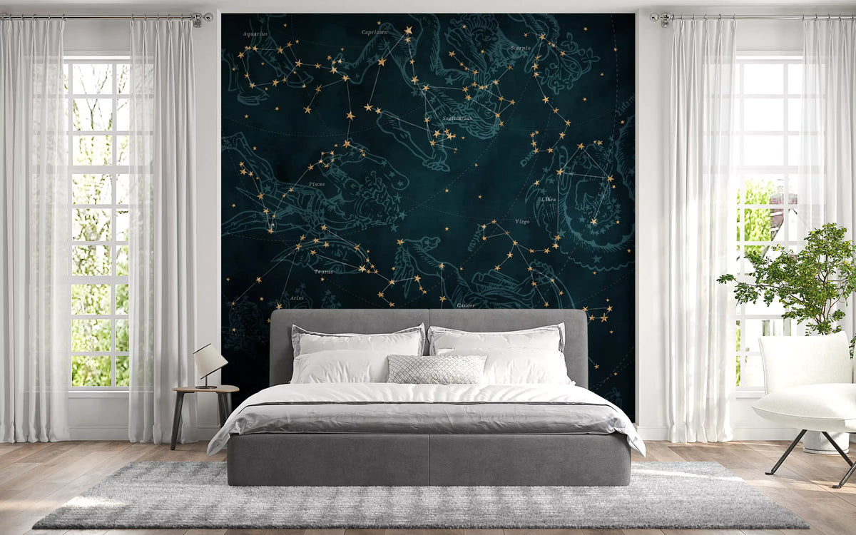 Golden zodiac constellations on a deep petrol background wall mural in bedroom GD11517