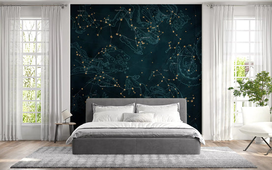Golden zodiac constellations on a deep petrol background wall mural in bedroom GD11517