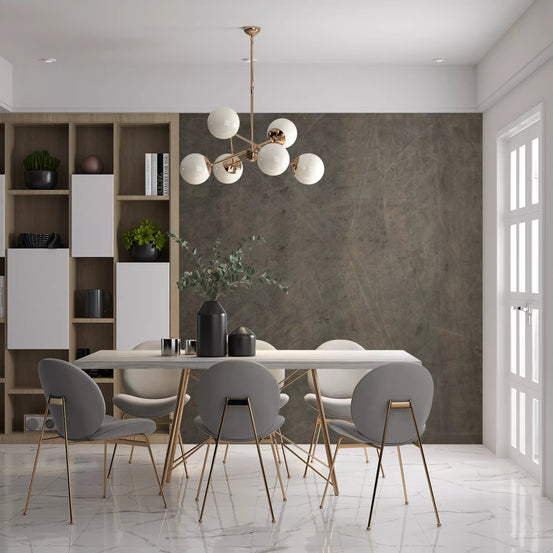 Warm grey suede-look wall mural with fine scratched marks and brown undertones GD11520