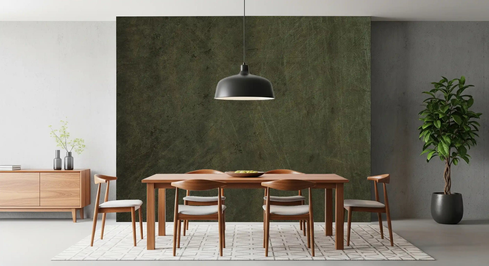 Dark olive suede-look wall mural with fine scratched marks and green depth in dining room GD11521