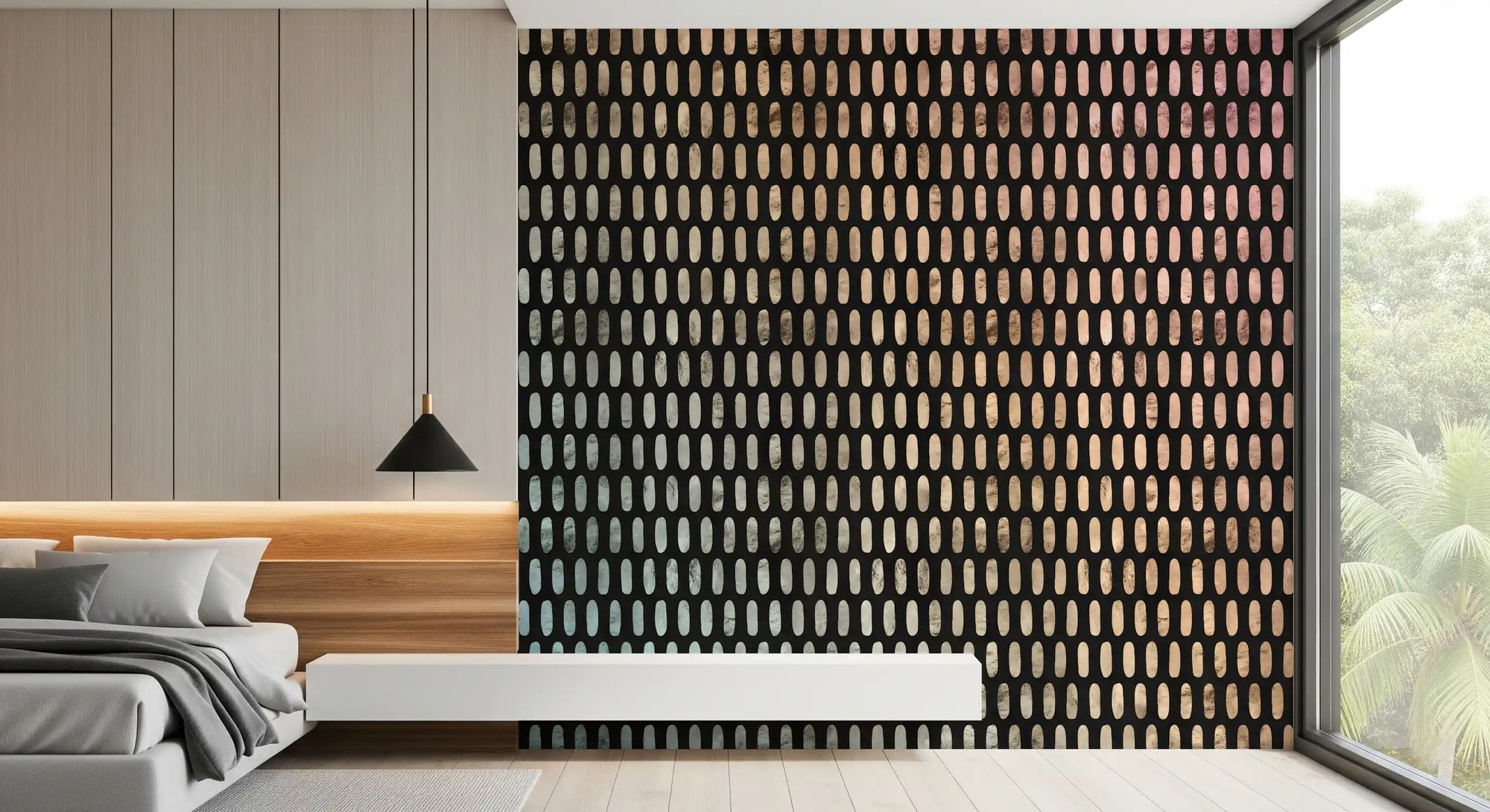 Iridescent oval wall mural with rows of pearly ovals on black GD11522