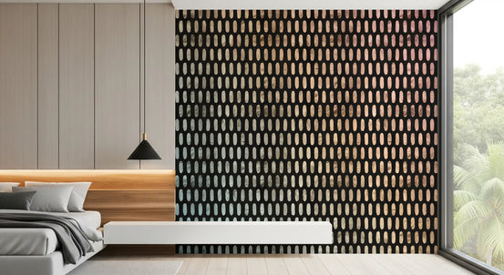 Iridescent oval wall mural with rows of pearly ovals on black GD11522