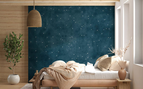 Midnight blue starry map wall mural with scattered white stars in bedroom GD11523