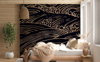 Gilded Rolling Japanese Waves Wall Mural