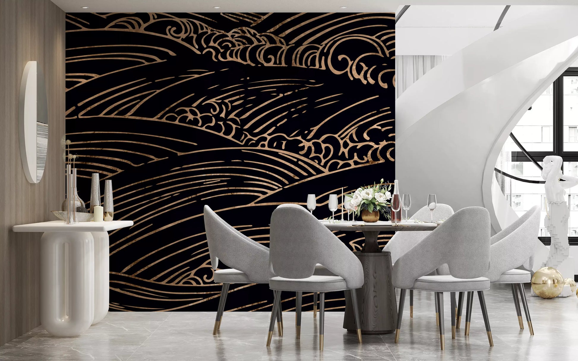 Gilded Rolling Japanese Waves Wall Mural