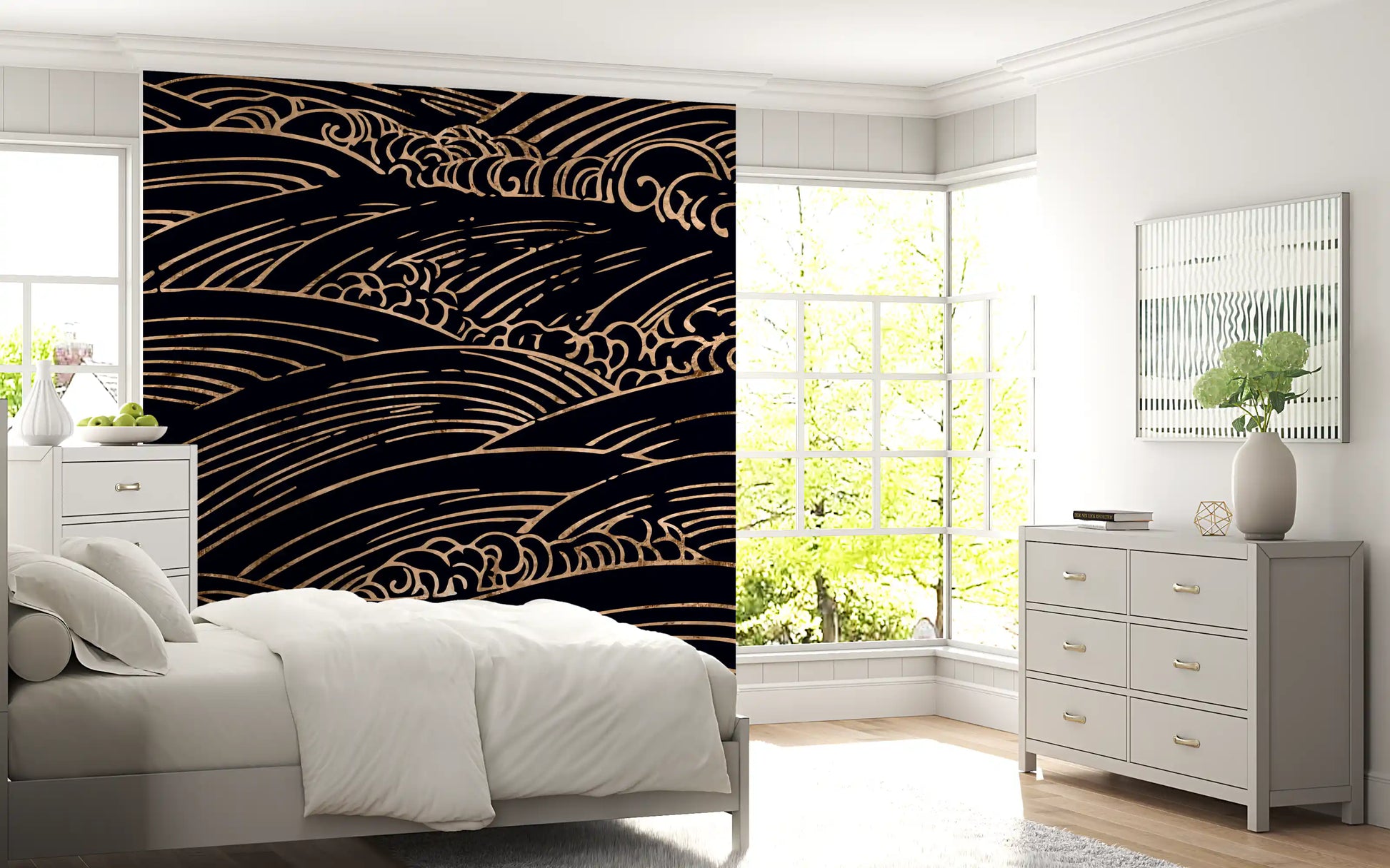 Gilded Rolling Japanese Waves Wall Mural