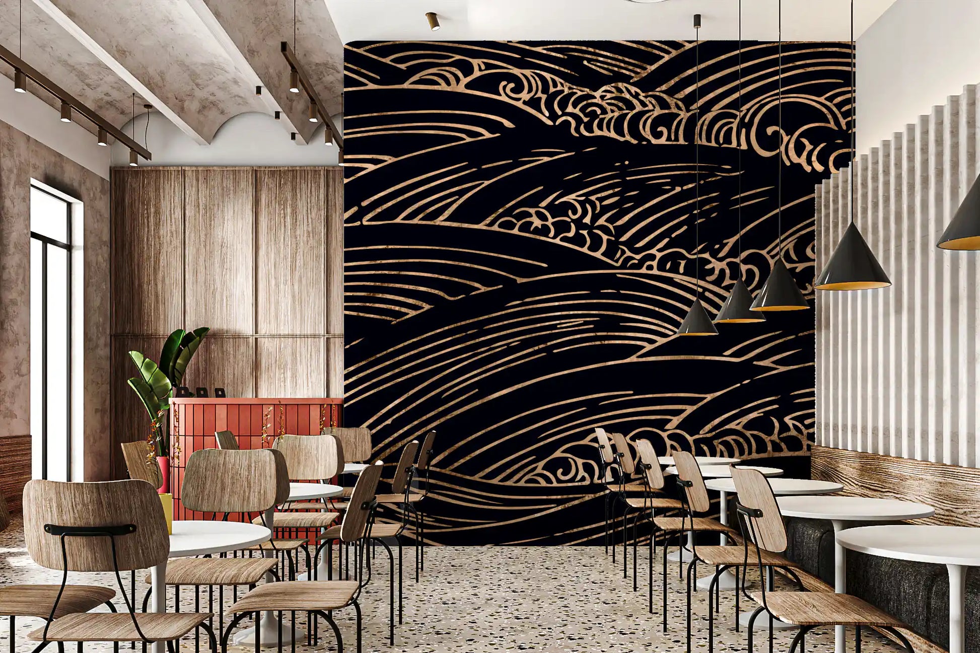 Gilded Rolling Japanese Waves Wall Mural