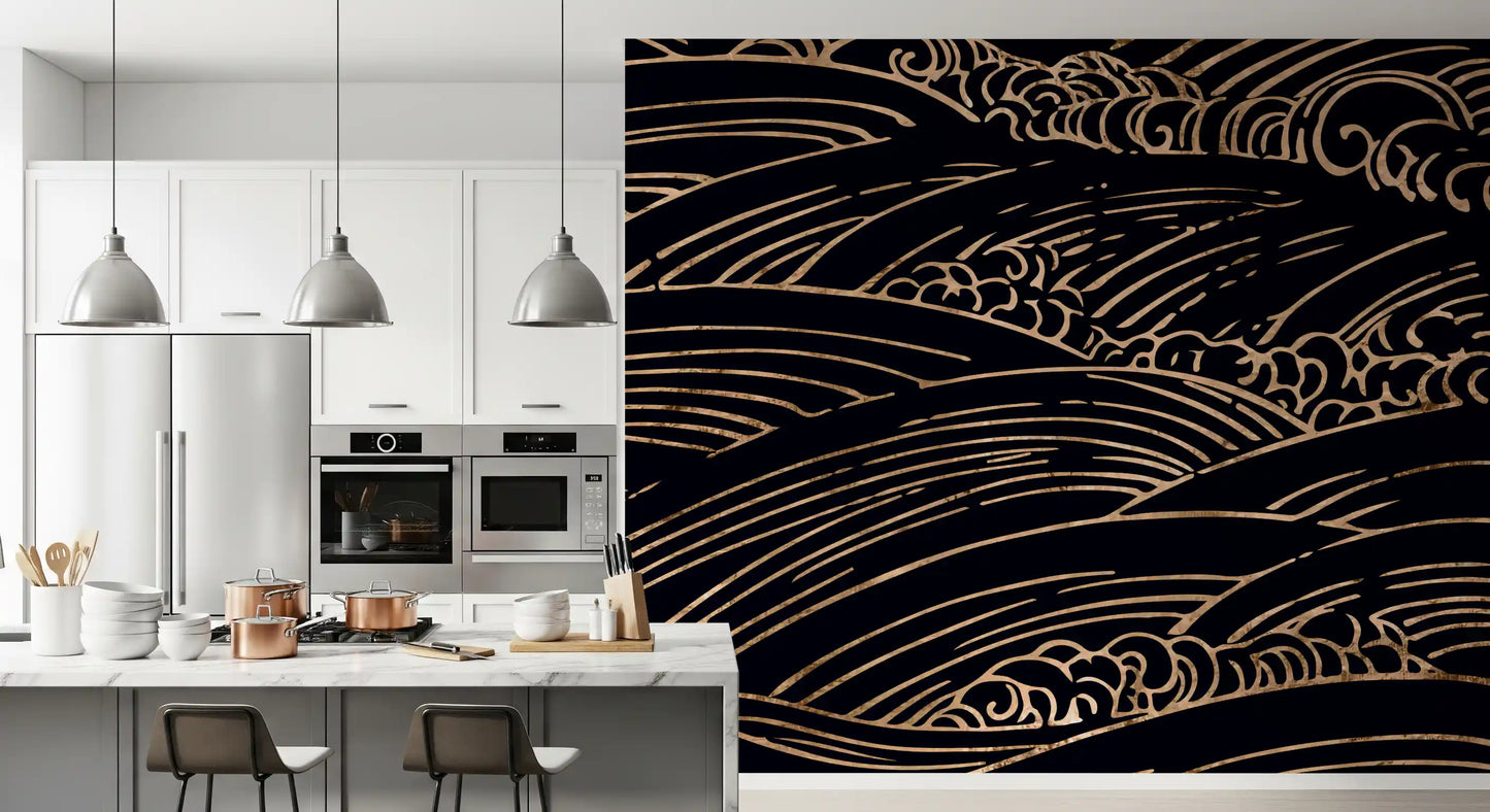 Gilded Rolling Japanese Waves Wall Mural