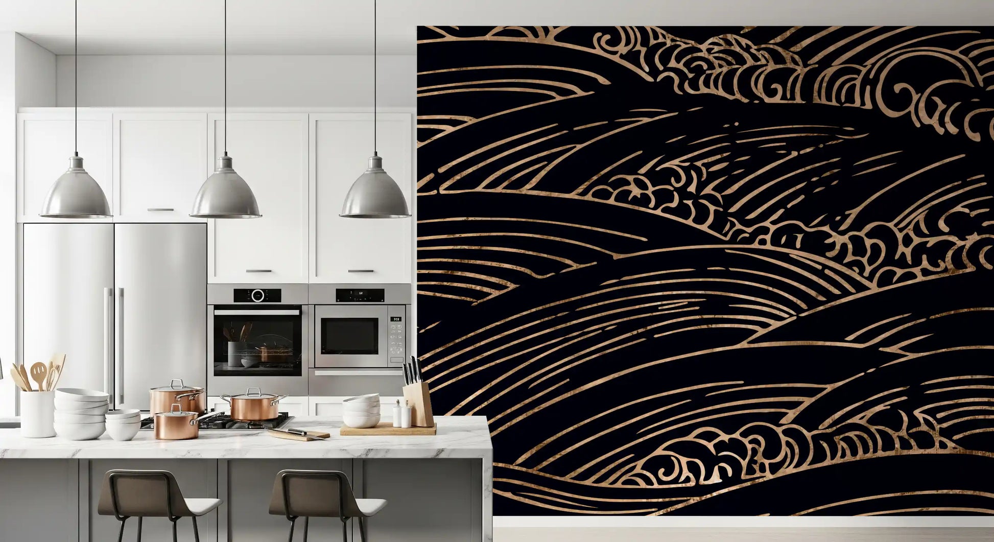 Gilded Rolling Japanese Waves Wall Mural