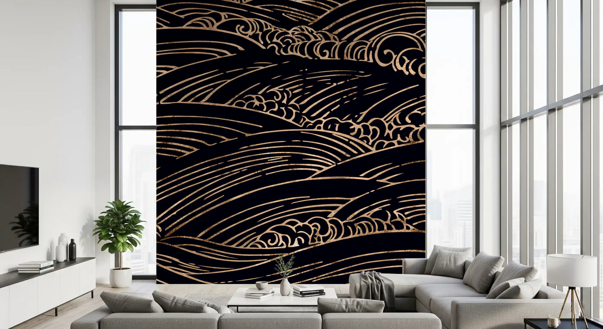 Gilded Rolling Japanese Waves Wall Mural