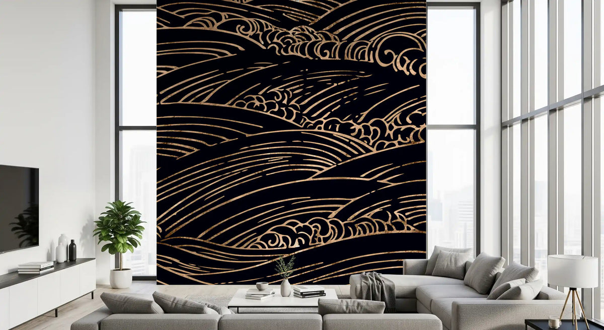 Gilded rolling wave wall mural in copper lines on deep navy black for living room GD11524