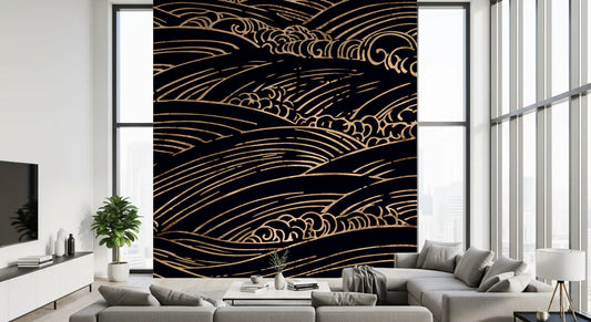 Gilded rolling wave wall mural in copper lines on deep navy black for living room GD11524