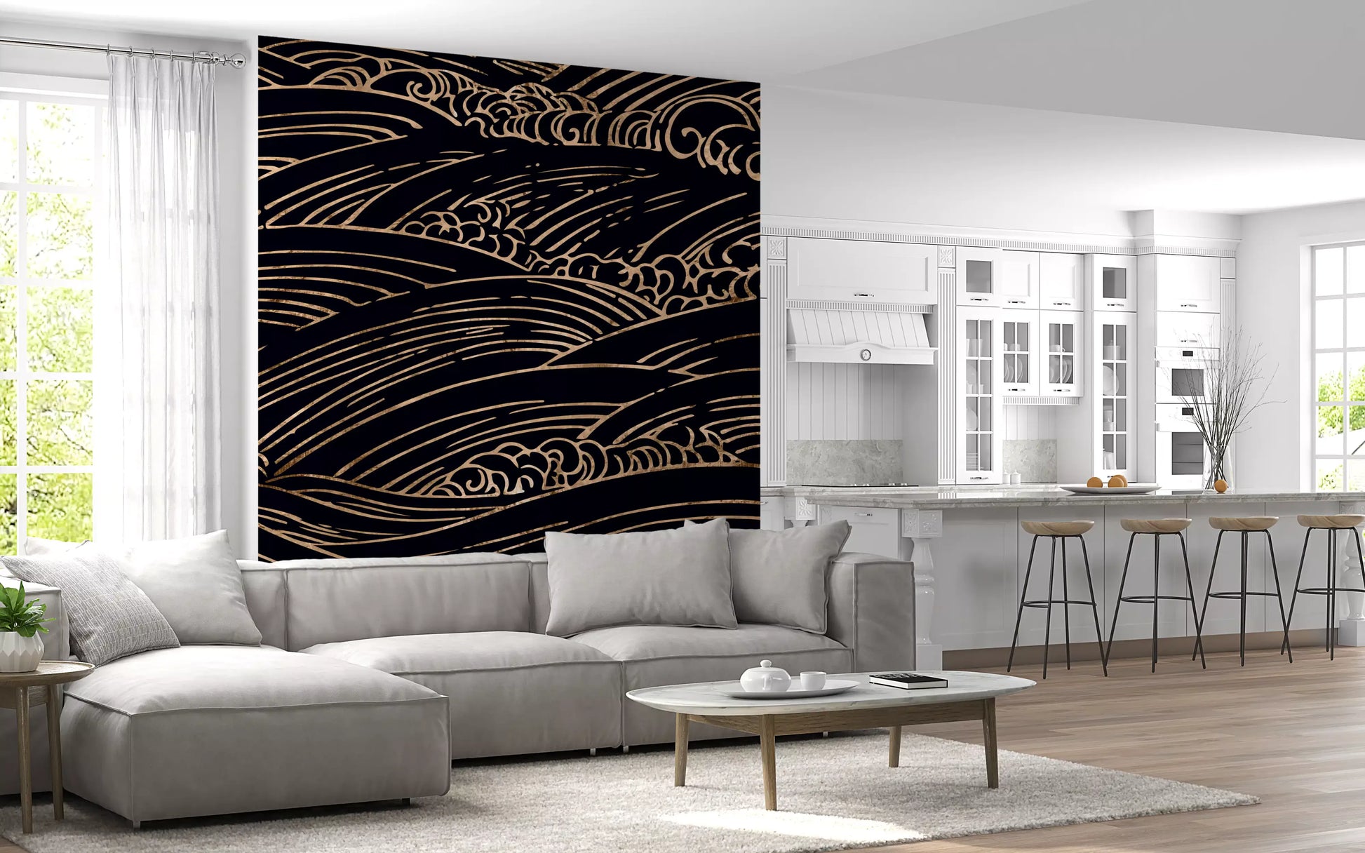 Gilded Rolling Japanese Waves Wall Mural