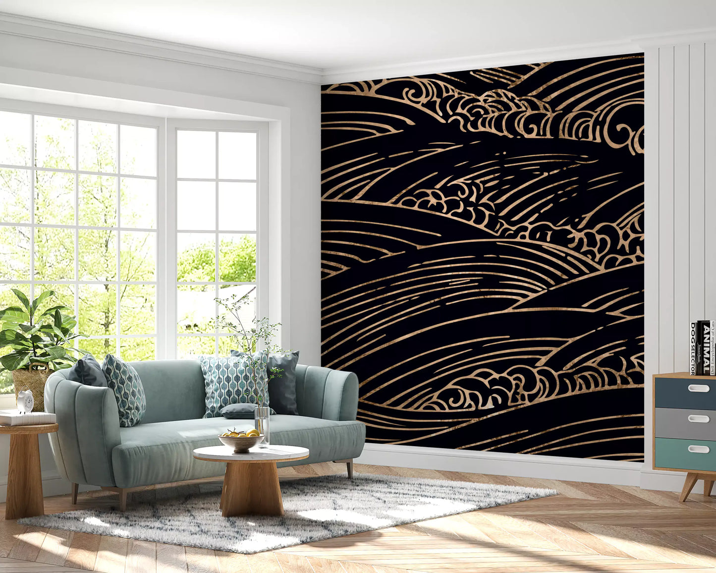 Gilded Rolling Japanese Waves Wall Mural
